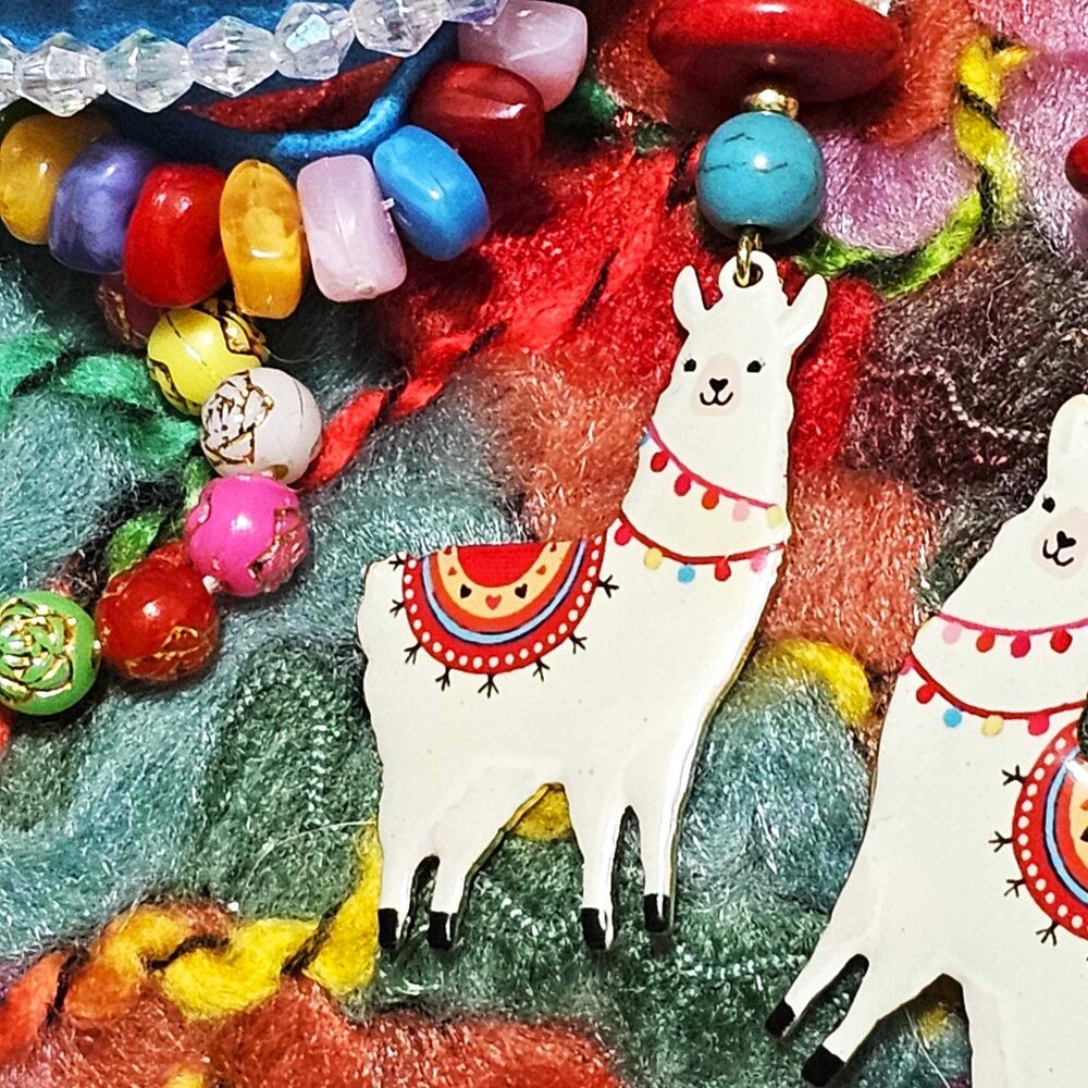 Artisan Earrings. Llamas. Colorful, Beaded. Pierced. - Picture 3 of 7
